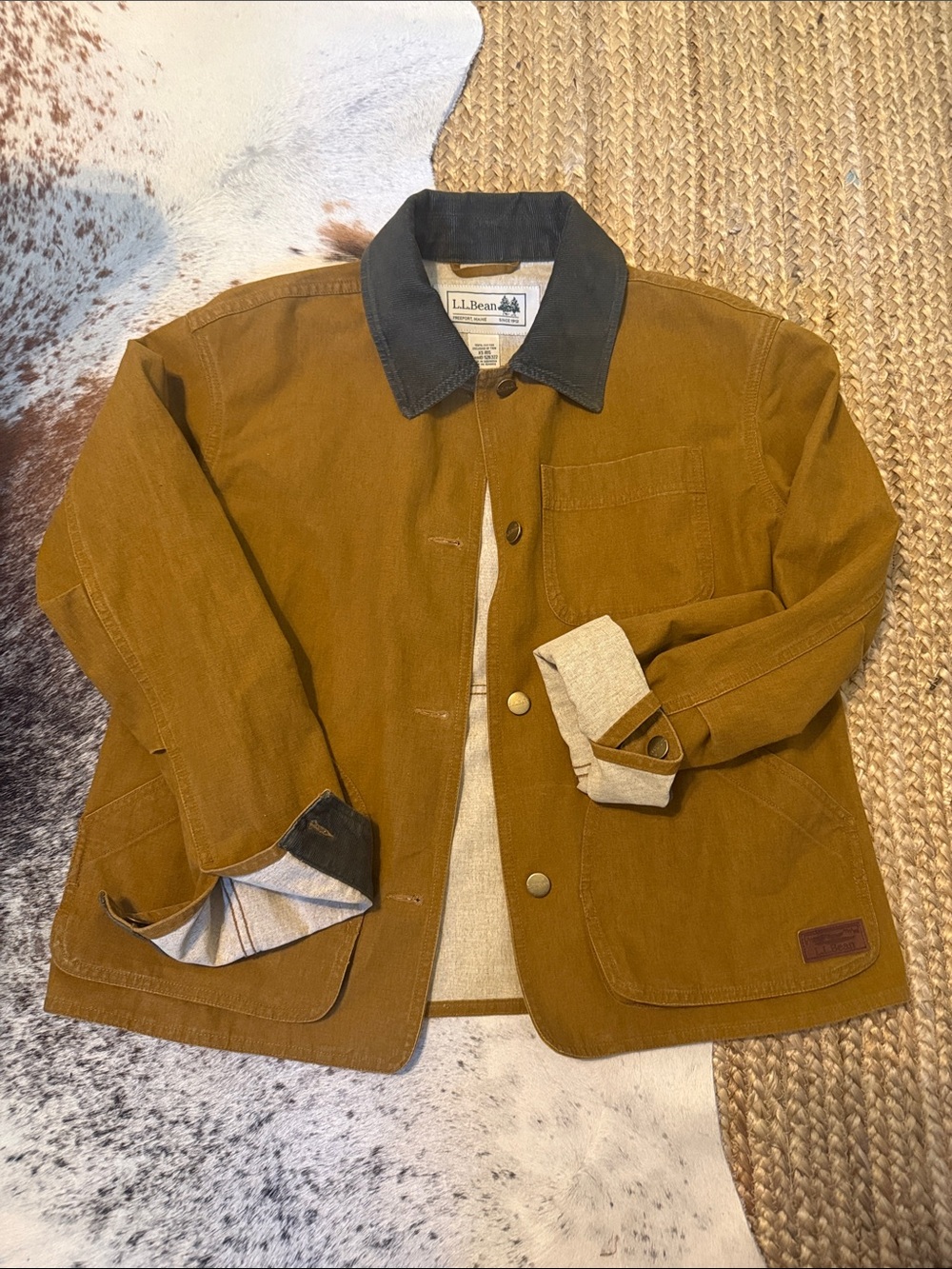 L.L. Bean Womens Brown Canvas Jacket with Dark Corduroy Contrast CollarXS
